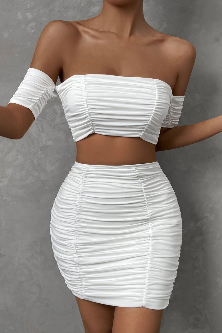 Chic Off Shoulder Crop Top High Waist Ruched Two Piece Club Mini Dress - White