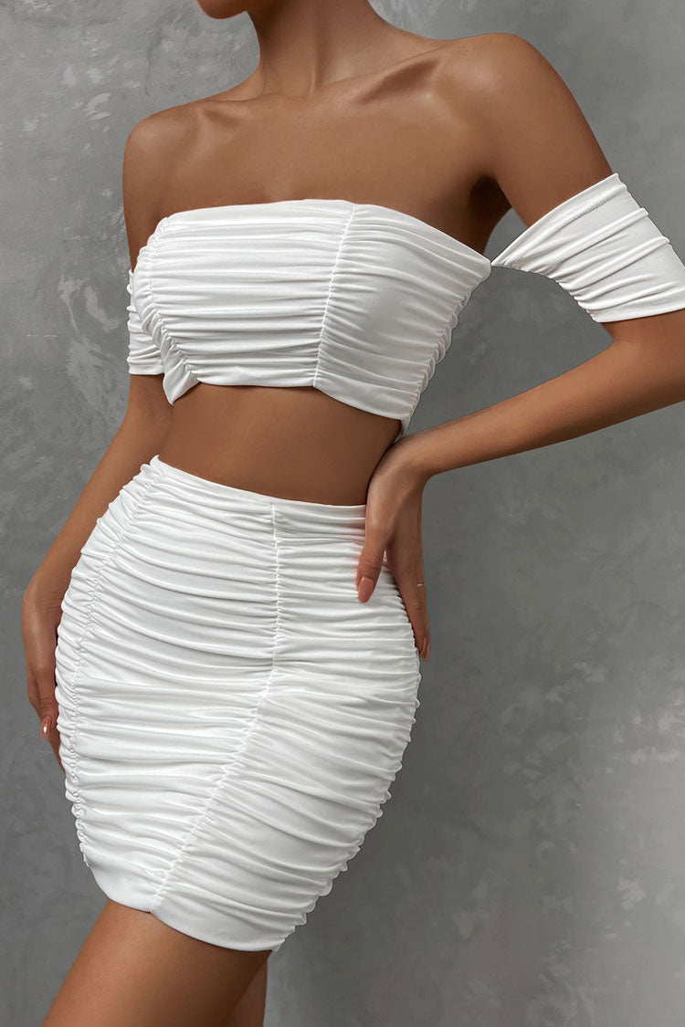 Chic Off Shoulder Crop Top High Waist Ruched Two Piece Club Mini Dress - White