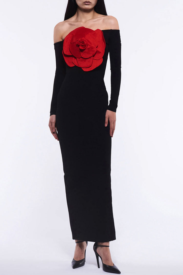 Glamorous Off The Shoulder Red Rosette Applique Long Sleeve Evening Maxi Dress - Black