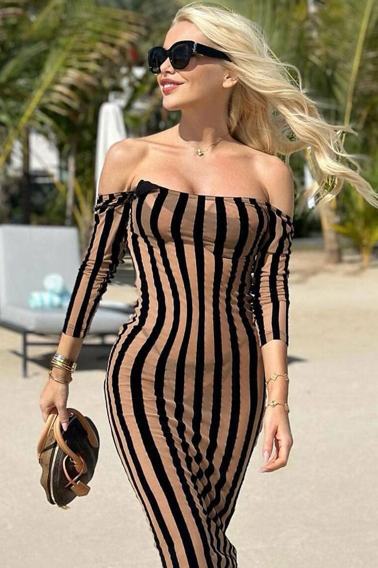 Chic Open Back Striped Long Sleeve Split Sheer Mesh Midi Dress - Black