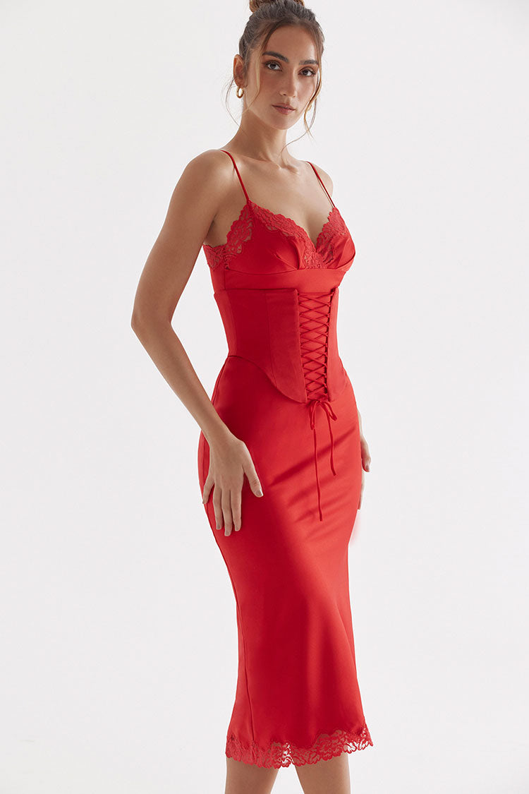 Chic Party Lace Up Belt V Neck Lace Satin Slip Midi Dress - Red