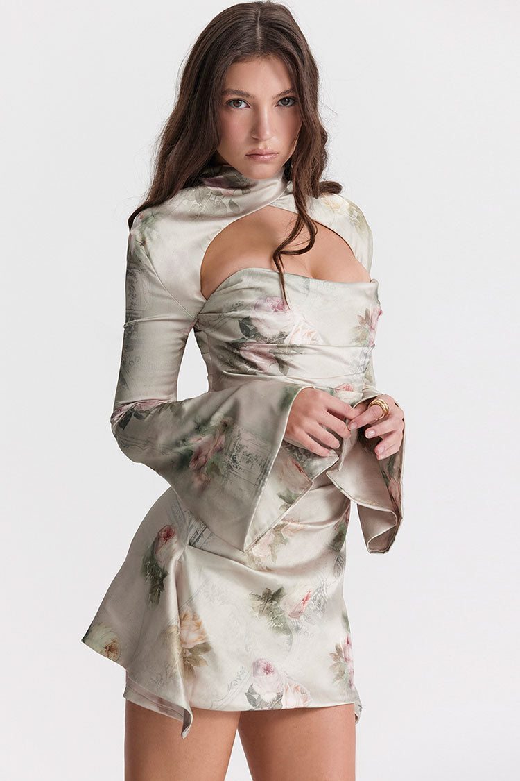 Sexy Printed High Neck Cutout Draped Long Sleeve Satin Mini Dress - Flower