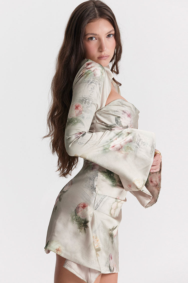Sexy Printed High Neck Cutout Draped Long Sleeve Satin Mini Dress - Flower