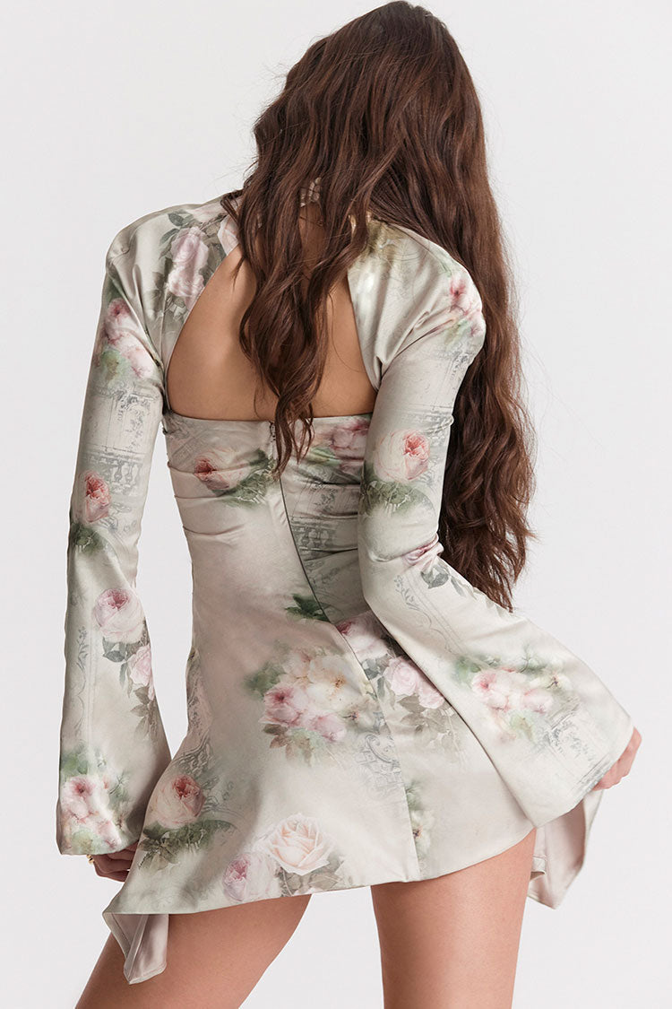 Sexy Printed High Neck Cutout Draped Long Sleeve Satin Mini Dress - Flower
