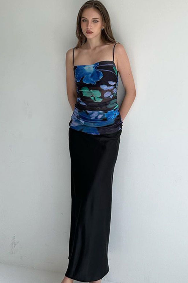 Chic Printed Ruched Mesh Satin Split Back Cocktail Party Midi Dress - Black