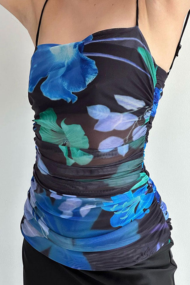 Chic Printed Ruched Mesh Satin Split Back Cocktail Party Midi Dress - Black