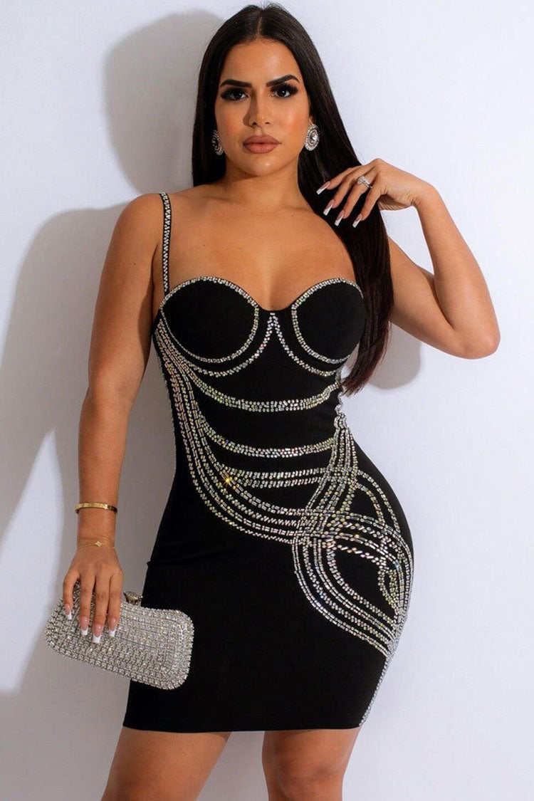 Attractive Rhinestone Trim Sweetheart Sleeveless Bodycon Party Mini Dress - Black