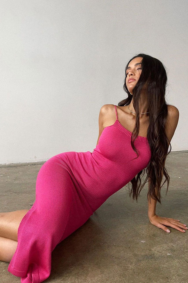 Chic Rib Knit Scoop Neck Cami Strap Lace Up Backless Knit Slip Midi Dress - Hot Pink