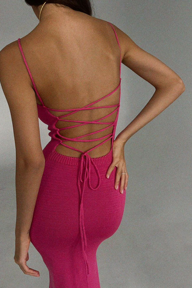 Chic Rib Knit Scoop Neck Cami Strap Lace Up Backless Knit Slip Midi Dress - Hot Pink