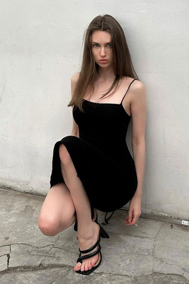 Chic Rib Knit Scoop Neck Cami Strap Lace Up Backless Knit Slip Midi Dress - Black
