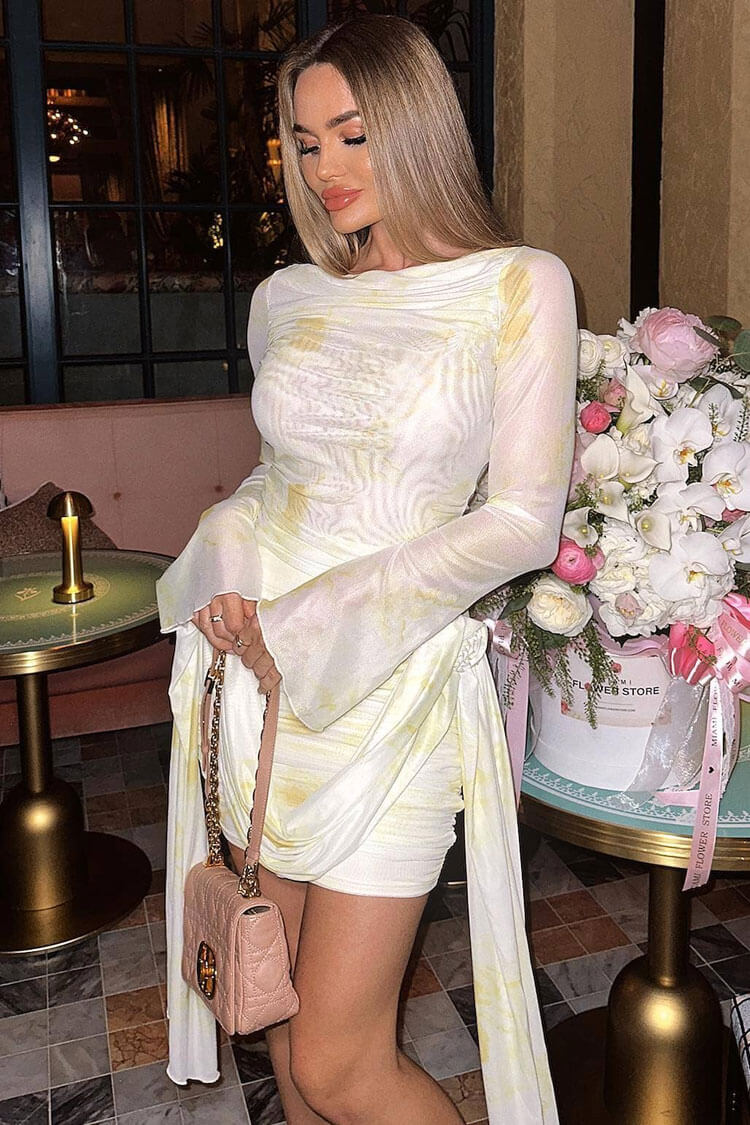 Chic Rosette Applique Draped Sash Printed Mesh Ruched Party Mini Dress - Light Yellow