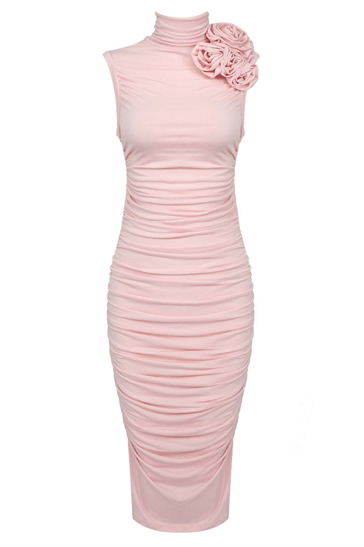 Chic Rosette Corsage High Neck Sleeveless Ruched Cocktail Party Midi Dress - Pink