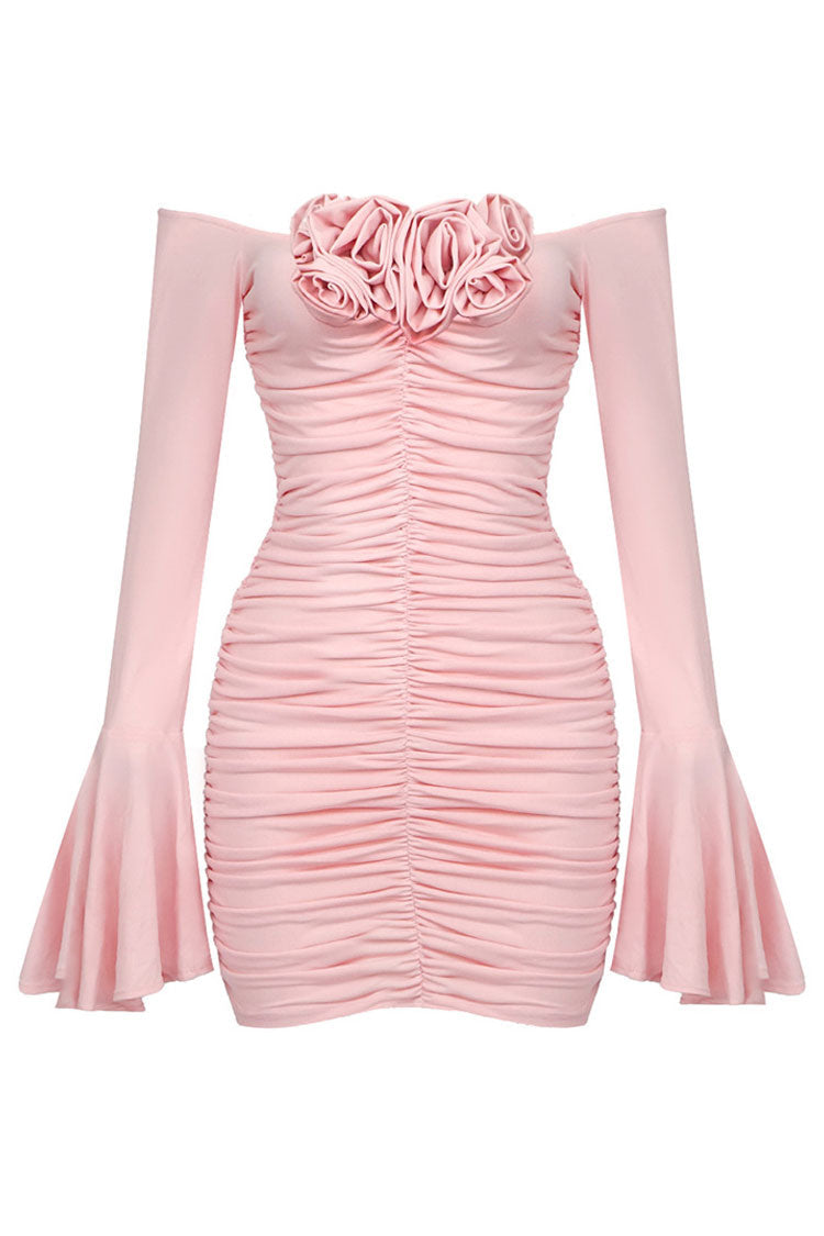 Alluring Rosette Corsage Off Shoulder Bell Sleeve Ruched Party Mini Dress - Pink