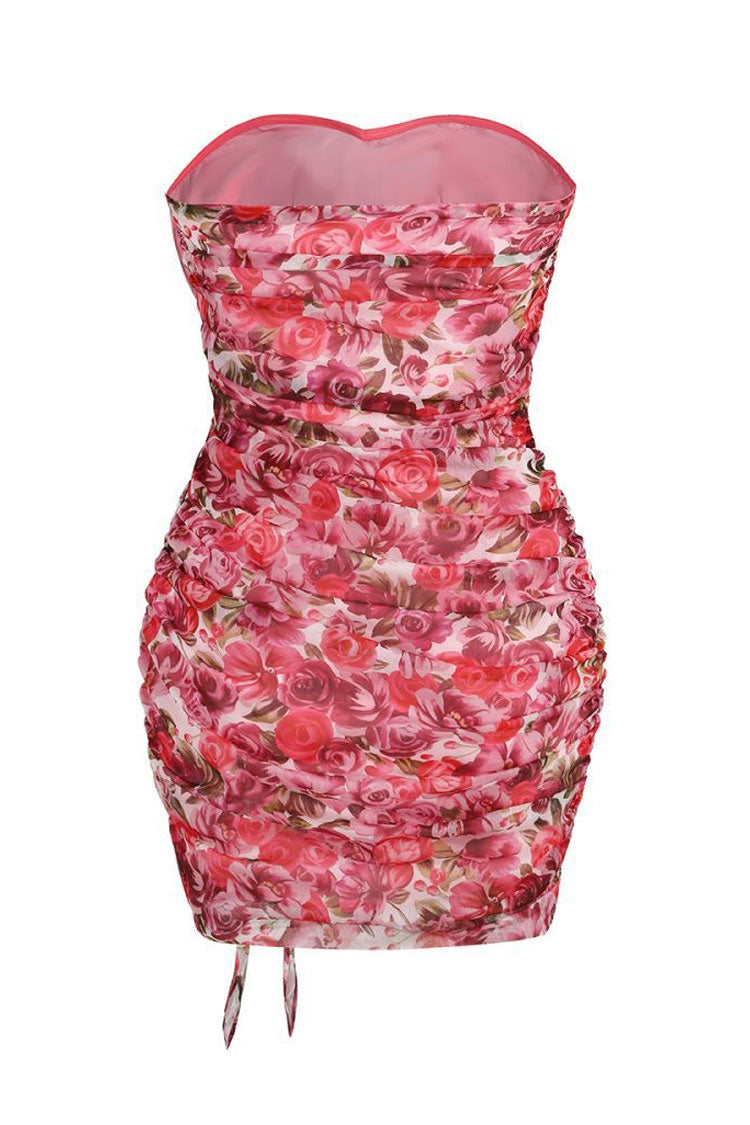 Sexy Rosette Sweetheart Ruffle Trim Ruched Strapless Party Mini Dress - Bloom