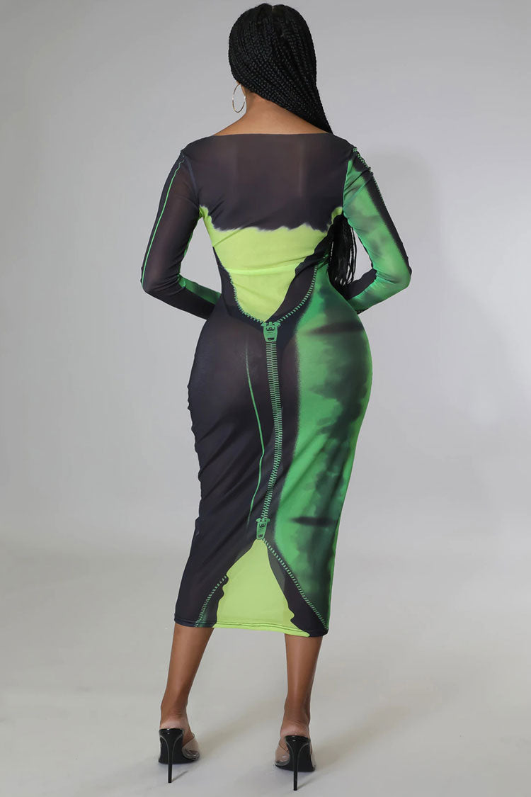 Chic Round Neck Tie Dye Printed Long Sleeve Sheer Mesh Midi Dress - Green