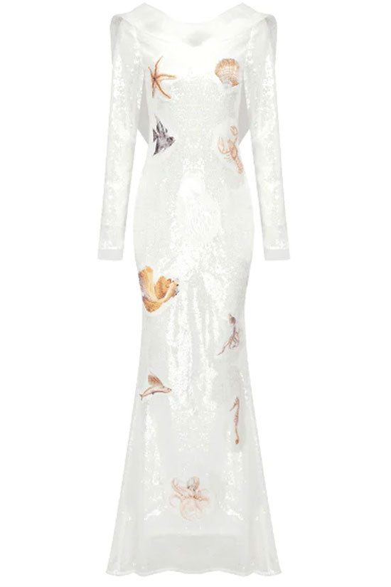 Alluring Ruffle Backless Applique Off Shoulder Sequin Sheer Mesh Maxi Dress - White
