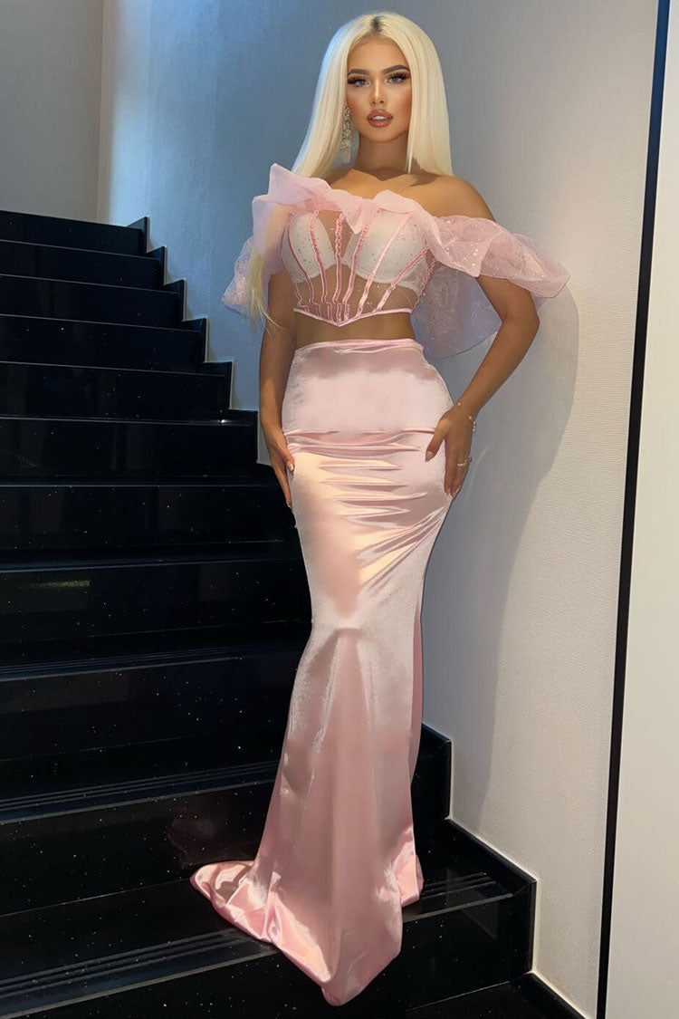 Stylish Ruffle Sheer Corset High Waist Satin Skirt Two Piece Maxi Dress - Pink