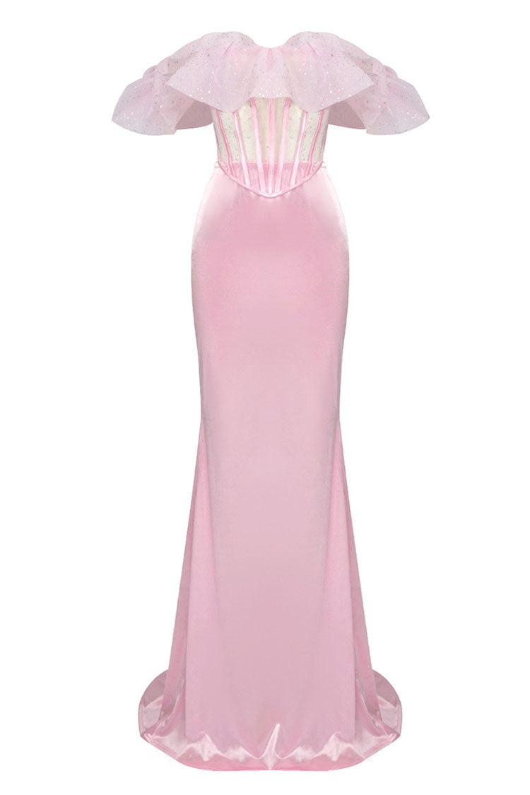 Stylish Ruffle Sheer Corset High Waist Satin Skirt Two Piece Maxi Dress - Pink