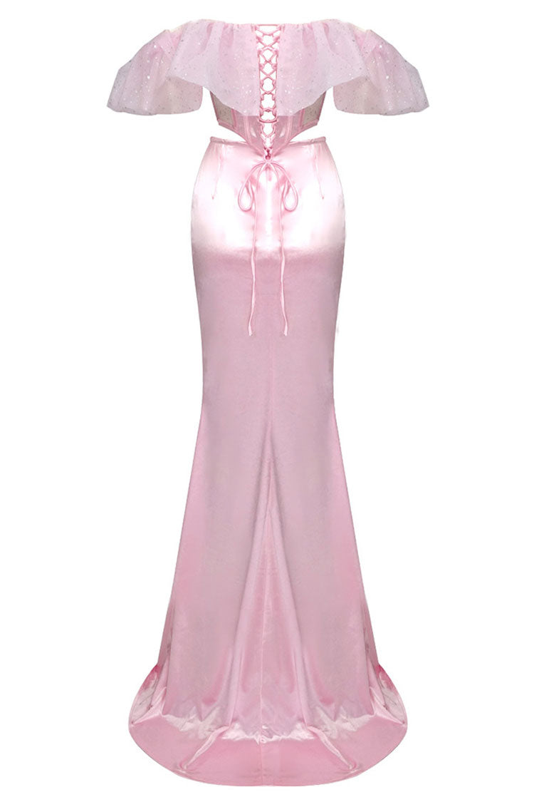 Stylish Ruffle Sheer Corset High Waist Satin Skirt Two Piece Maxi Dress - Pink