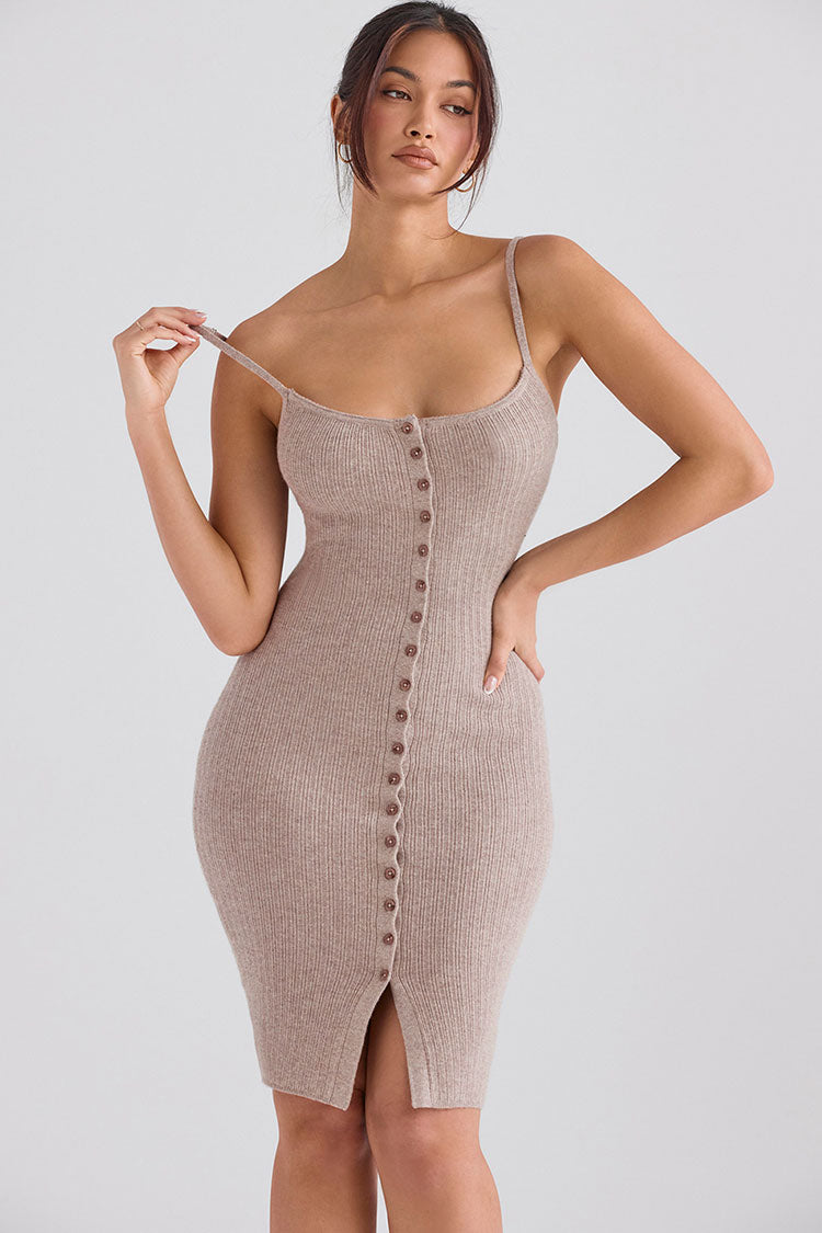 Chic Scoop Neck Spaghetti Strap Button Down Sleeveless Knitted Midi Dress - Camel