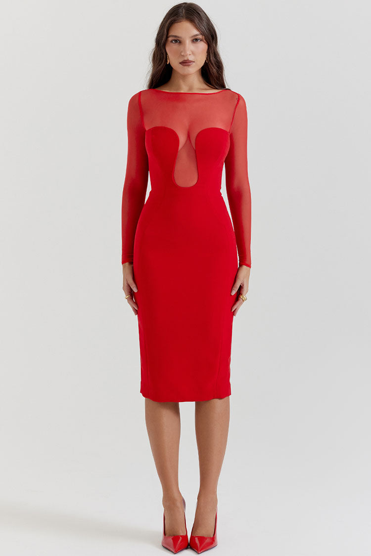 Chic Sheer Mesh Crew Neck Long Sleeve Bodycon Cocktail Party Midi Dress - Red