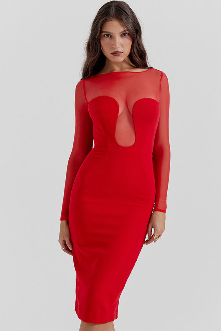 Chic Sheer Mesh Crew Neck Long Sleeve Bodycon Cocktail Party Midi Dress - Red