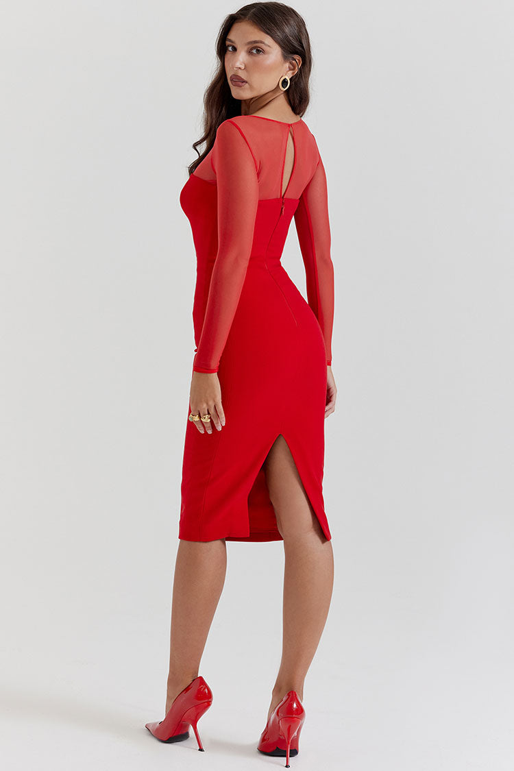 Chic Sheer Mesh Crew Neck Long Sleeve Bodycon Cocktail Party Midi Dress - Red