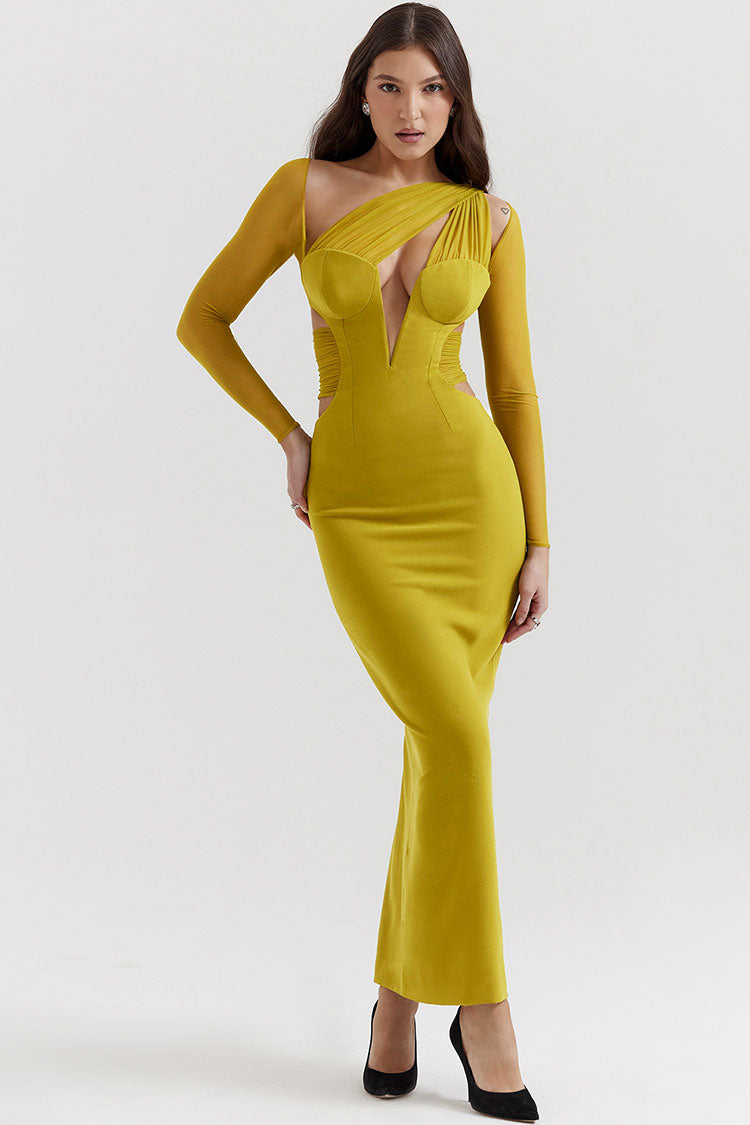 Glamorous Sheer Ruched One Shoulder Cutout Bodycon Evening Maxi Dress - Yellow