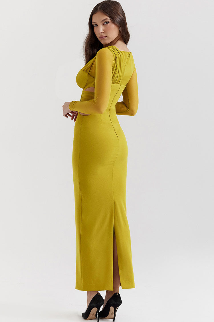 Glamorous Sheer Ruched One Shoulder Cutout Bodycon Evening Maxi Dress - Yellow