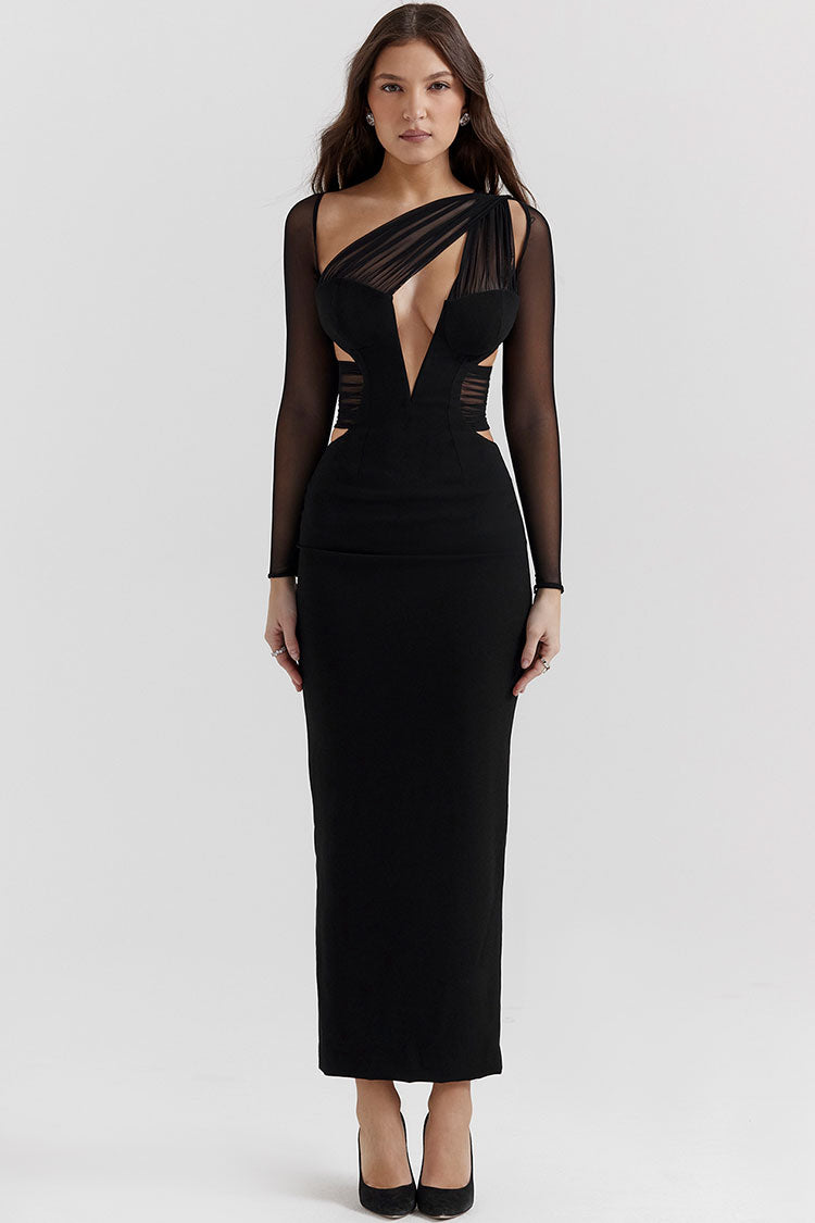 Stylish Sheer Ruched One Shoulder Cutout Bodycon Evening Maxi Dress - Black