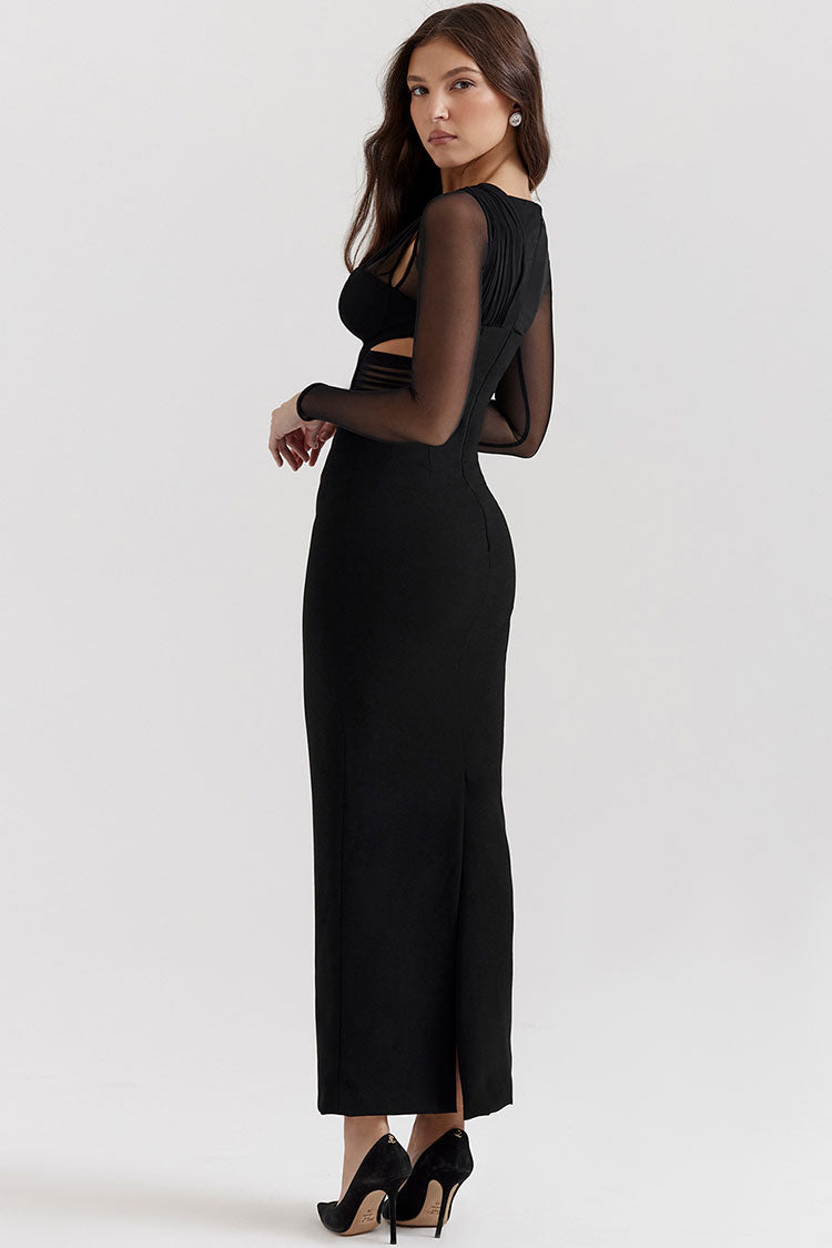 Stylish Sheer Ruched One Shoulder Cutout Bodycon Evening Maxi Dress - Black