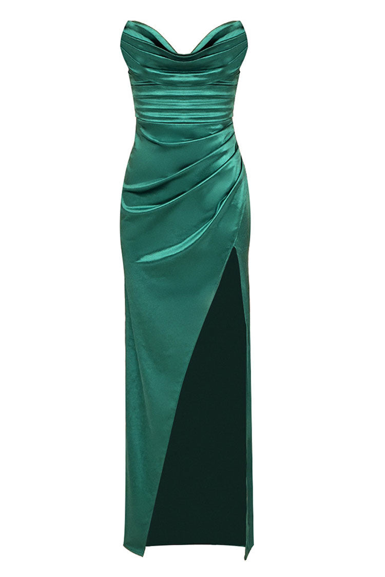 Stylish Silky Satin Cowl Neck Pleated High Split Strapless Evening Maxi Dress - Emerald Green