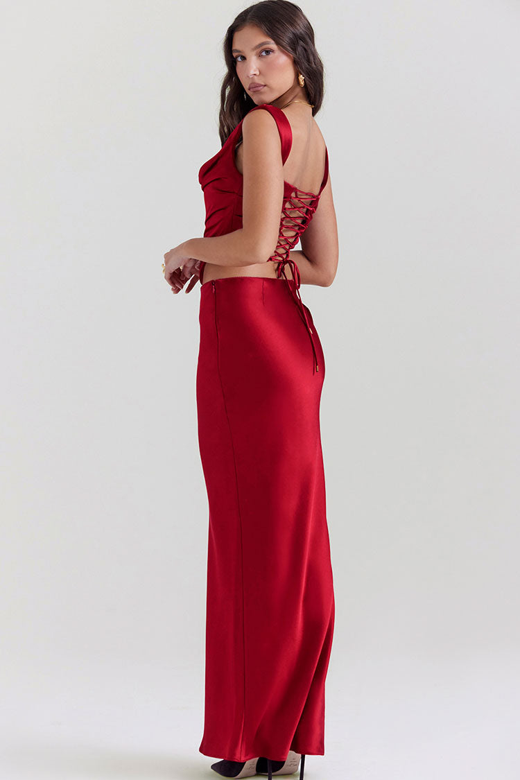 Stylish Silky Satin Lace Up Backless Crop Corset Maxi Skirt Two Piece Dress - Red