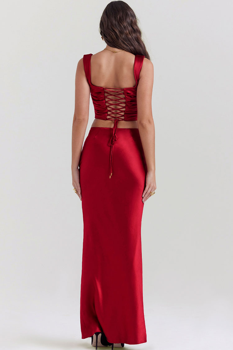 Stylish Silky Satin Lace Up Backless Crop Corset Maxi Skirt Two Piece Dress - Red