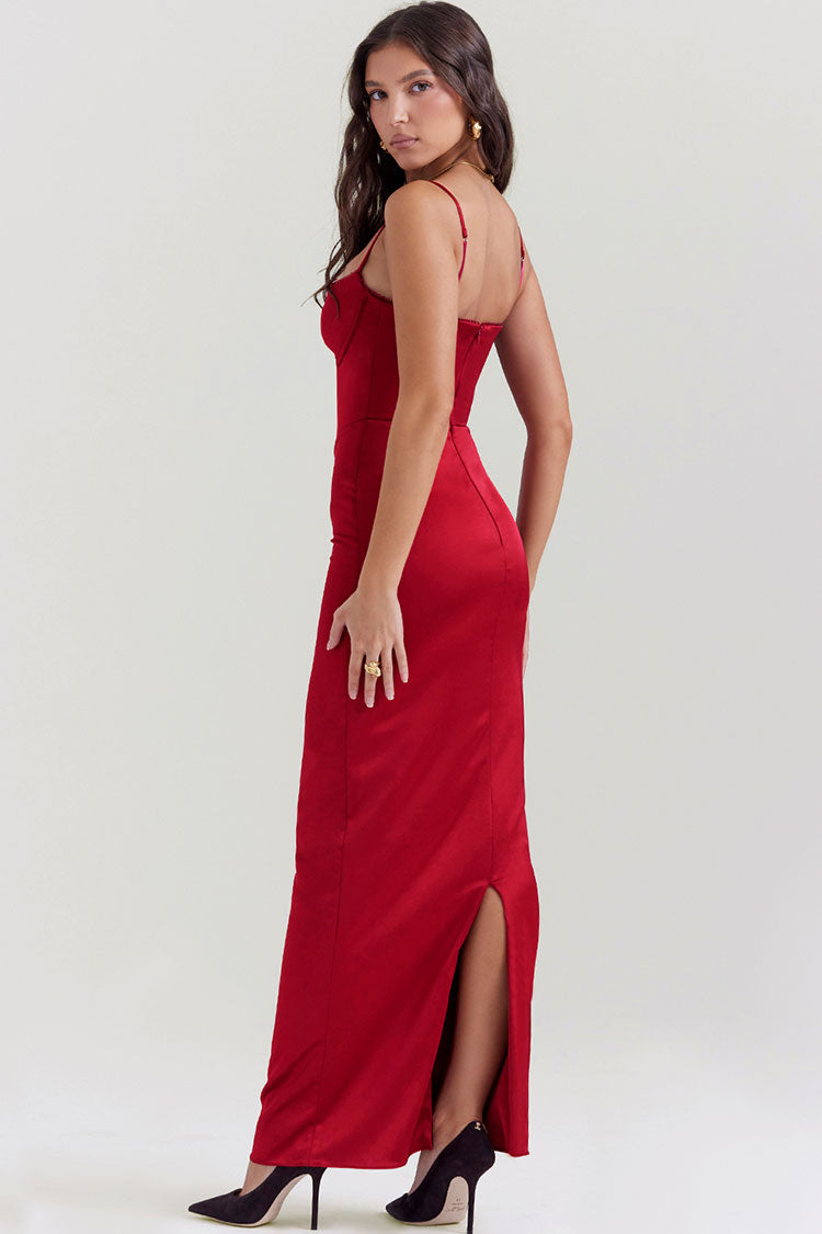 Stylish Silky Satin Sweetheart Spaghetti Strap Split Corset Evening Maxi Dress - Red