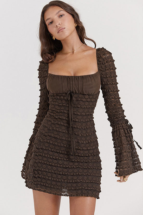 Chic Square Neck Flared Sleeve Tiered Ruffle Lace Bodycon Party Mini Dress - Coffee