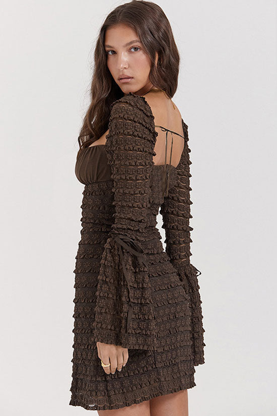 Chic Square Neck Flared Sleeve Tiered Ruffle Lace Bodycon Party Mini Dress - Coffee