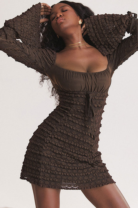 Chic Square Neck Flared Sleeve Tiered Ruffle Lace Bodycon Party Mini Dress - Coffee