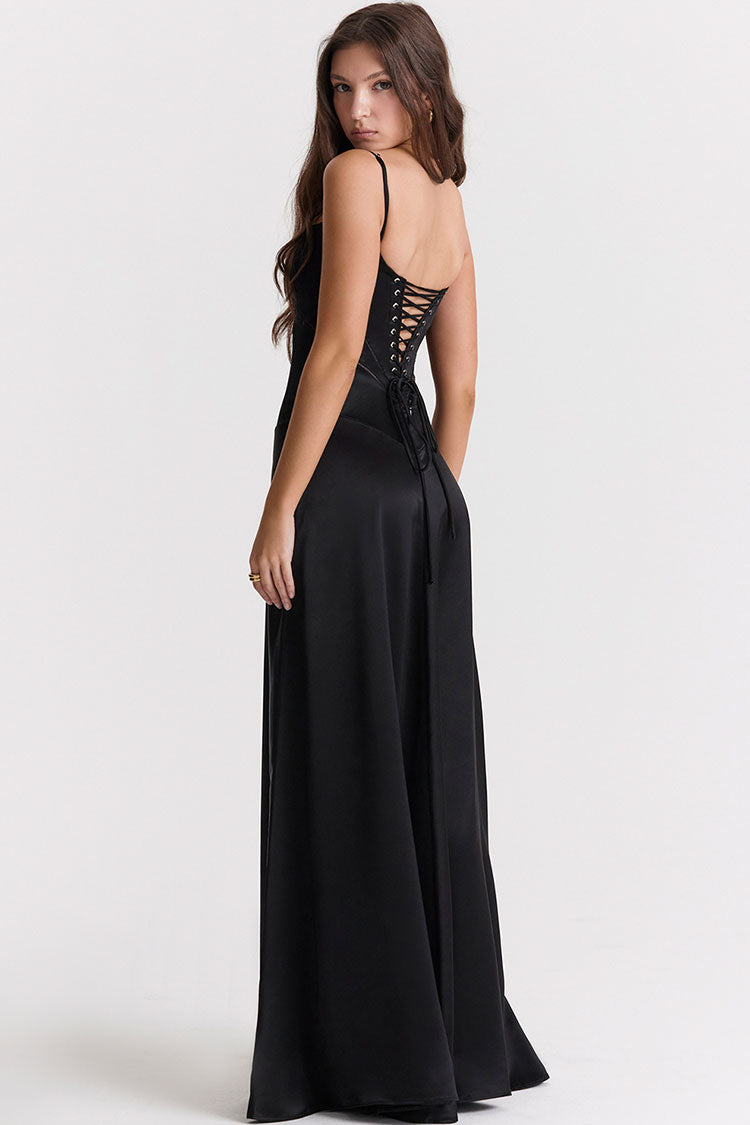 Glamorous Square Neck Pintuck Trim Lace Up Back Satin Slip Maxi Dress - Black