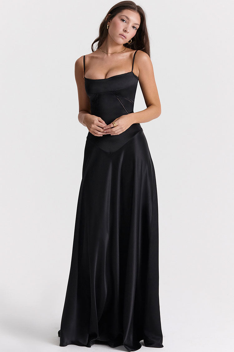 Glamorous Square Neck Pintuck Trim Lace Up Back Satin Slip Maxi Dress - Black