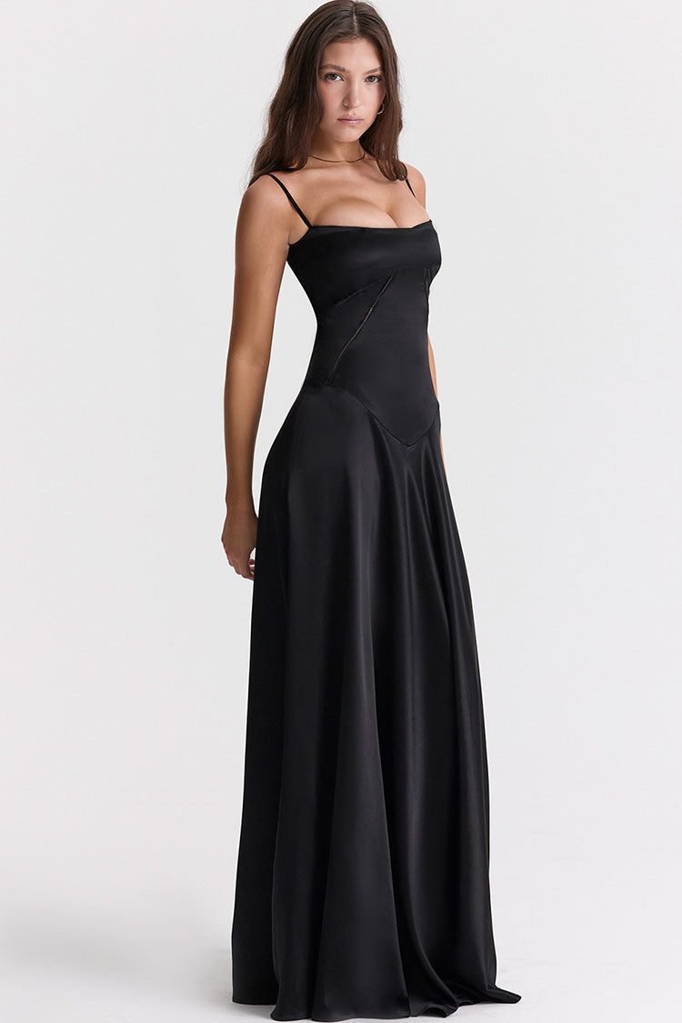 Glamorous Square Neck Pintuck Trim Lace Up Back Satin Slip Maxi Dress - Black