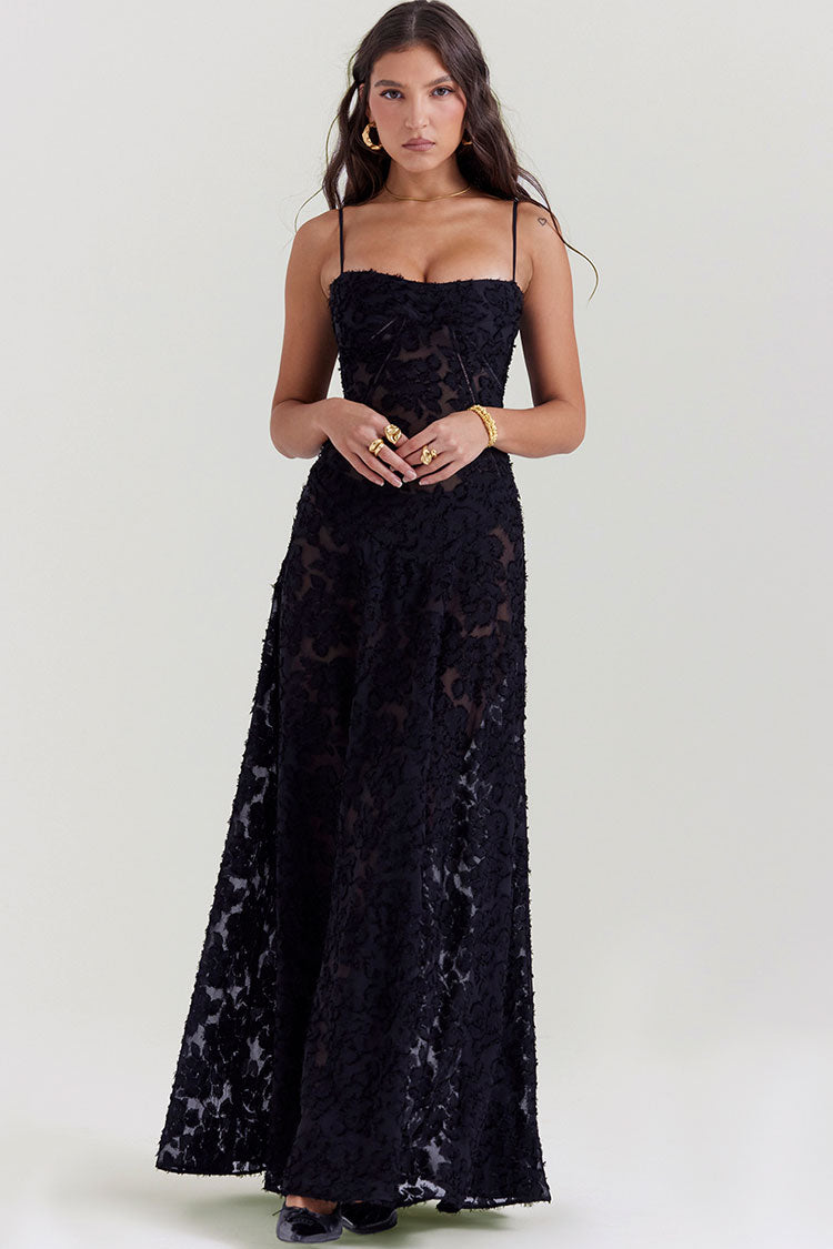 Stylish Square Neck Spaghetti Strap Lace Up Floral Lace Slip Maxi Dress - Black