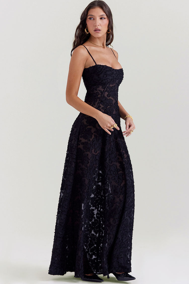 Stylish Square Neck Spaghetti Strap Lace Up Floral Lace Slip Maxi Dress - Black