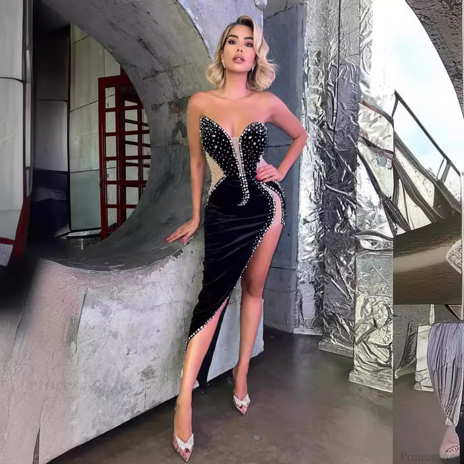 Chic Strapless Beaded Bodycon Dress Party Prom Dress