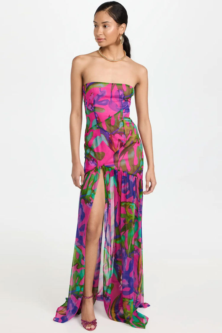 Alluring Strapless Printed Patchwork Ruffle Split Maxi Beach Vacation Dress - Hot Pink