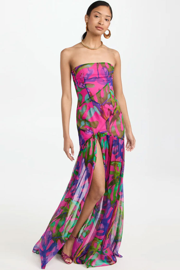 Alluring Strapless Printed Patchwork Ruffle Split Maxi Beach Vacation Dress - Hot Pink