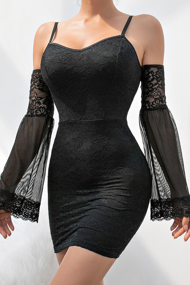 Attractive Sweetheart Bell Sleeve Cold Shoulder Lace Party Mini Dress - Black