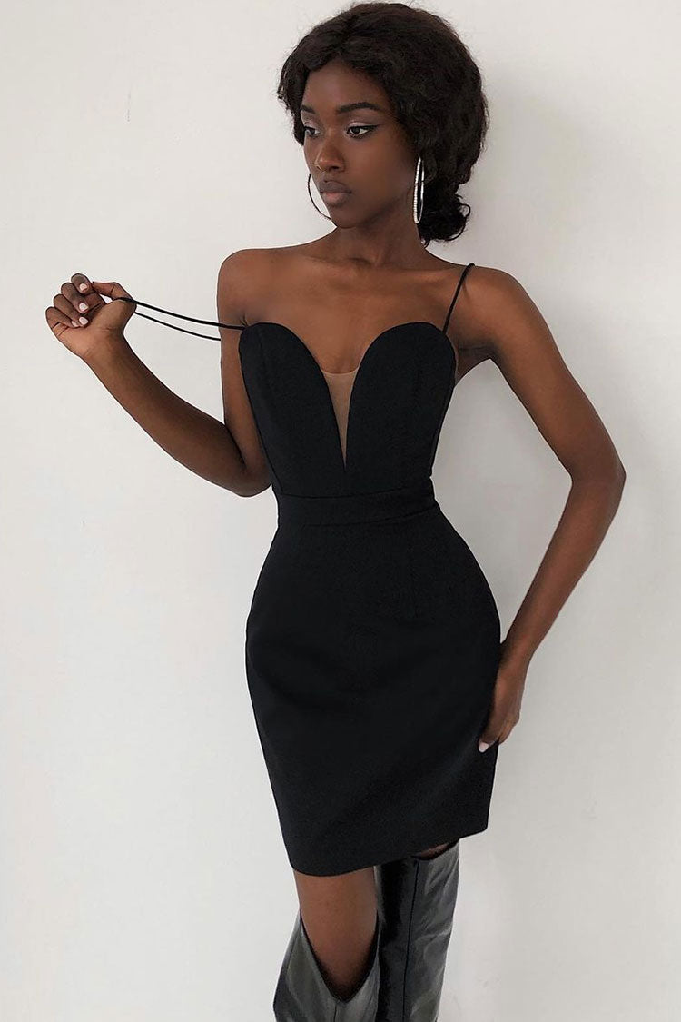 Chic Sweetheart Deep V Sleeveless Bodycon Bandage Mini Dress - Black