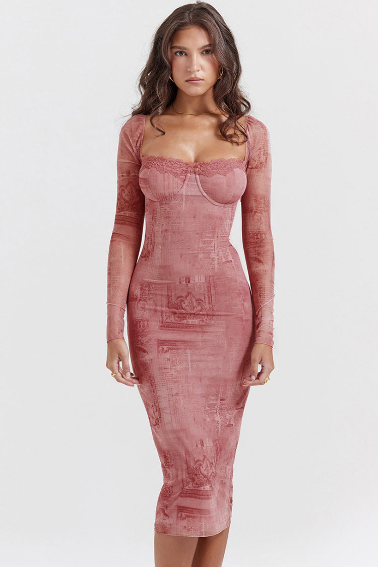 Chic Sweetheart Lace Up Back Bodycon Printed Cocktail Party Midi Dress - Pink