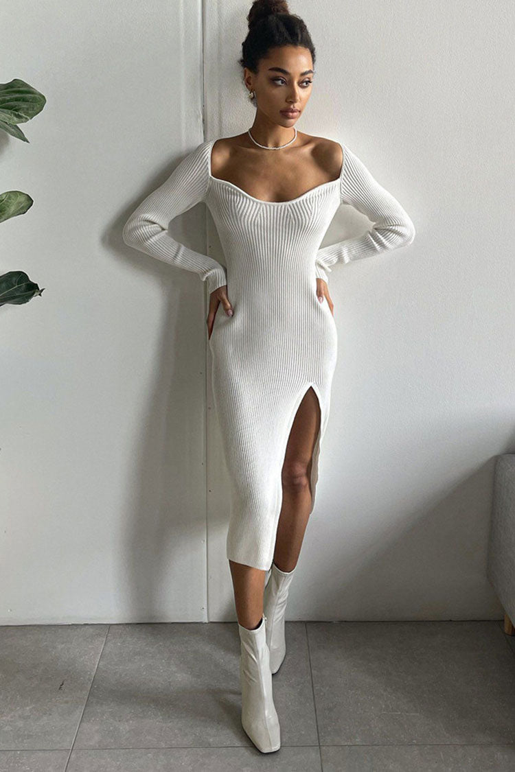 Chic Sweetheart Neck Long Sleeve High Split Ribbed Knit Sweater Midi Dress - White